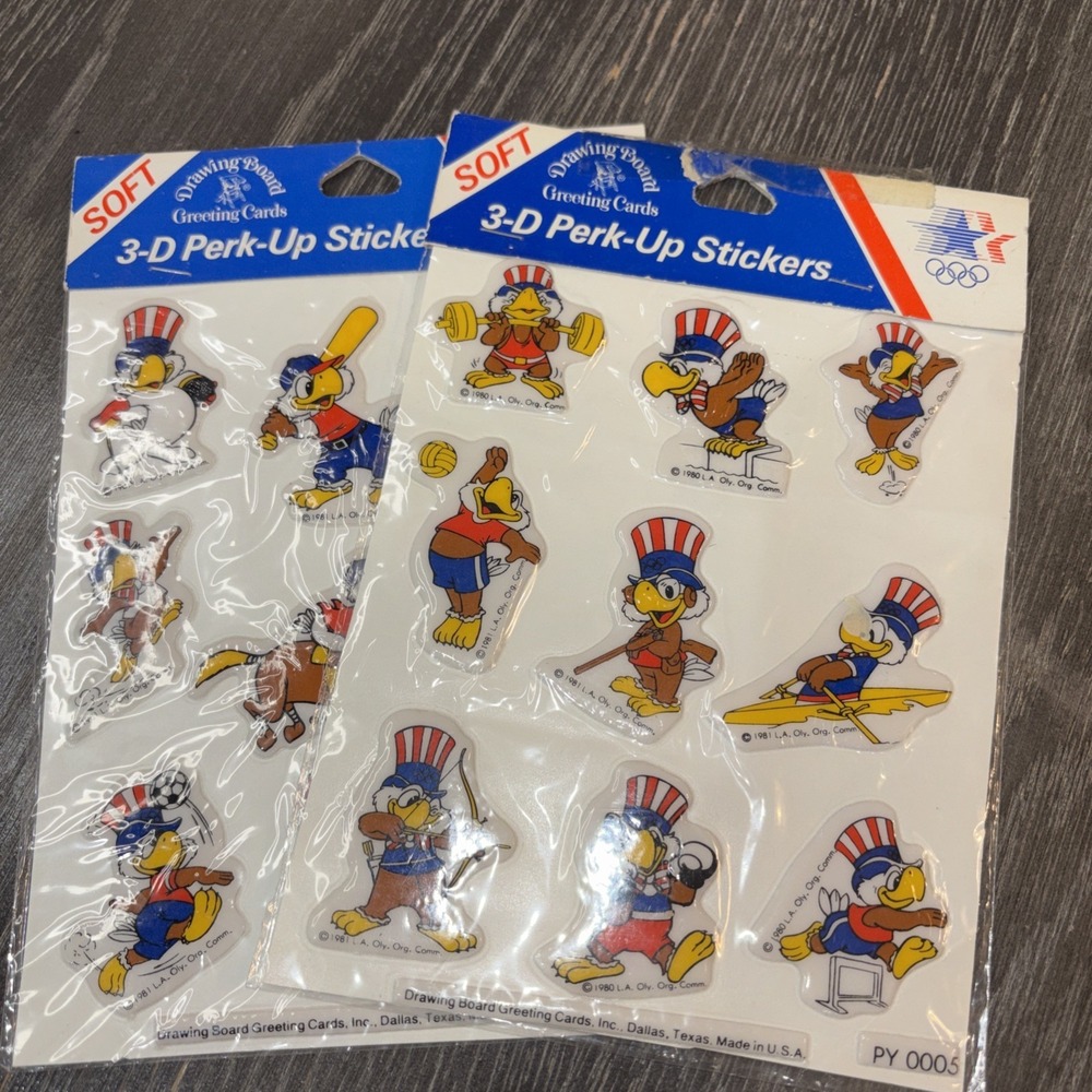 Vintage 1980 Los Angeles Olympics Sam the Eagle 3-D Perk-Up Stickers NEW 2Pack